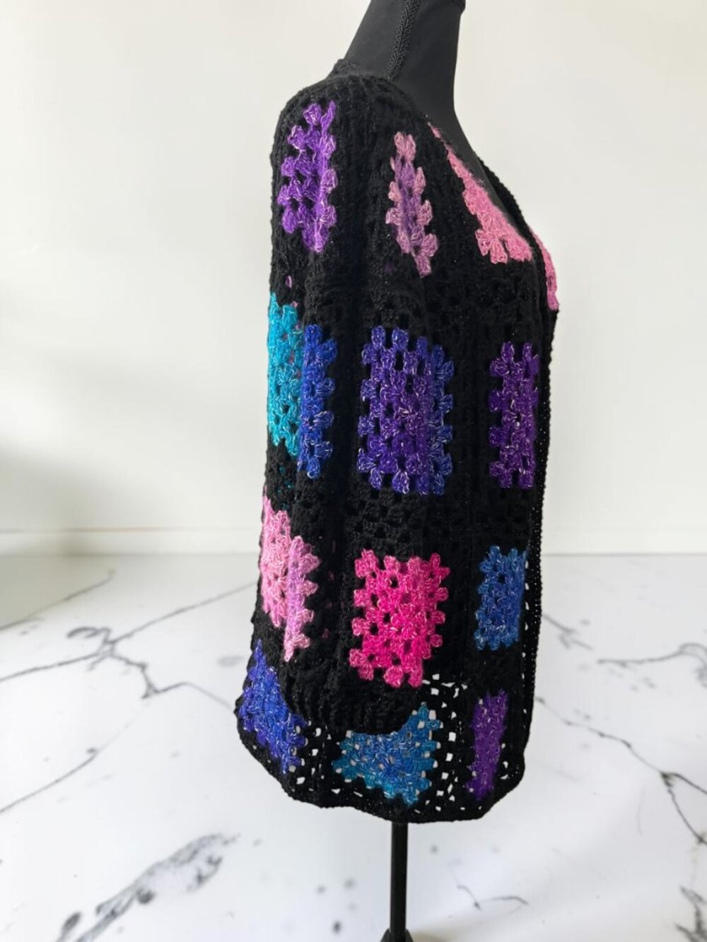 Handmade Crochet Granny Square Cardigan Long Duster Boho Festival Neon Pink - Picture 4 of 5